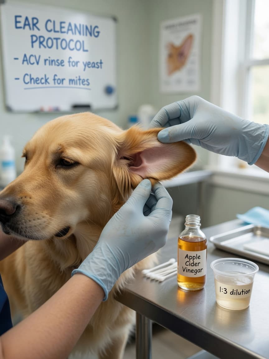 Veterinarian examining a dog's ear during a clinical examination with apple cider vinegar and supplies on the table