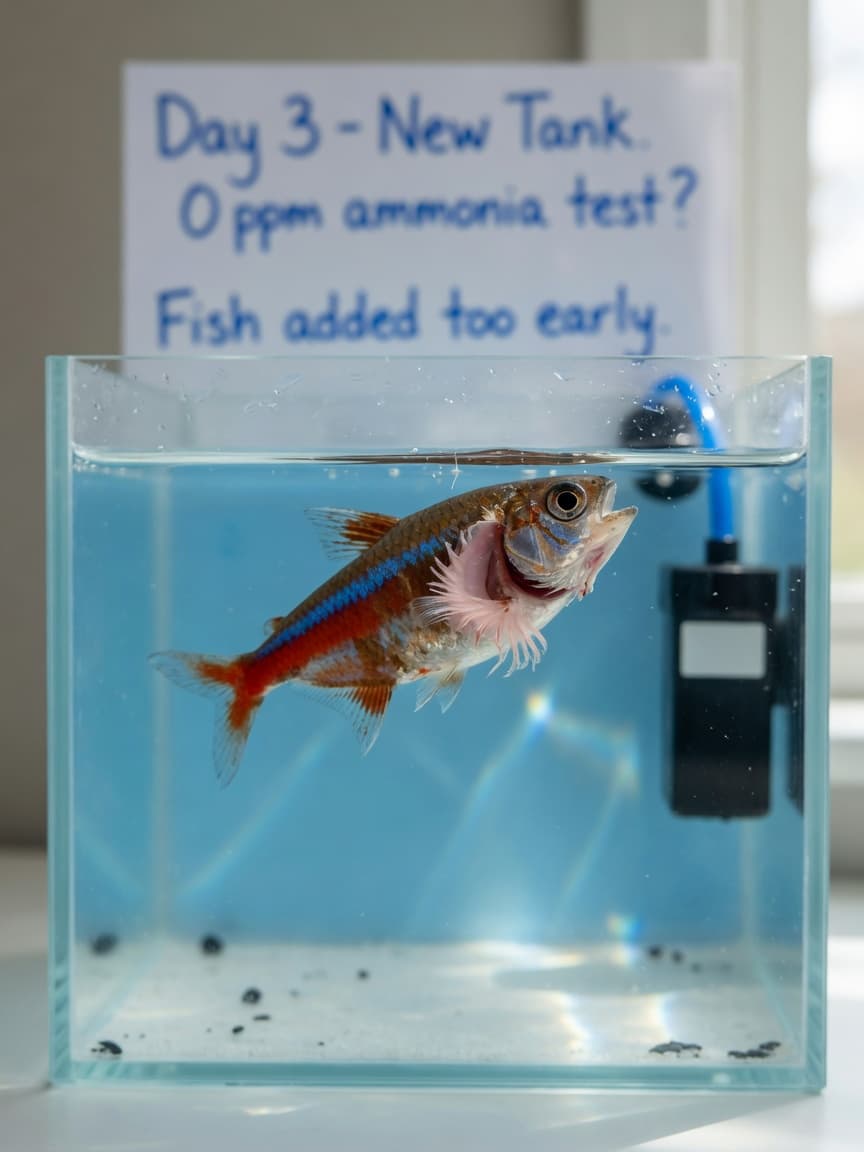 A stressed tropical fish with visible gill damage floating near the surface of a brand-new, uncycled aquarium tank experiencing ammonia poisoning.