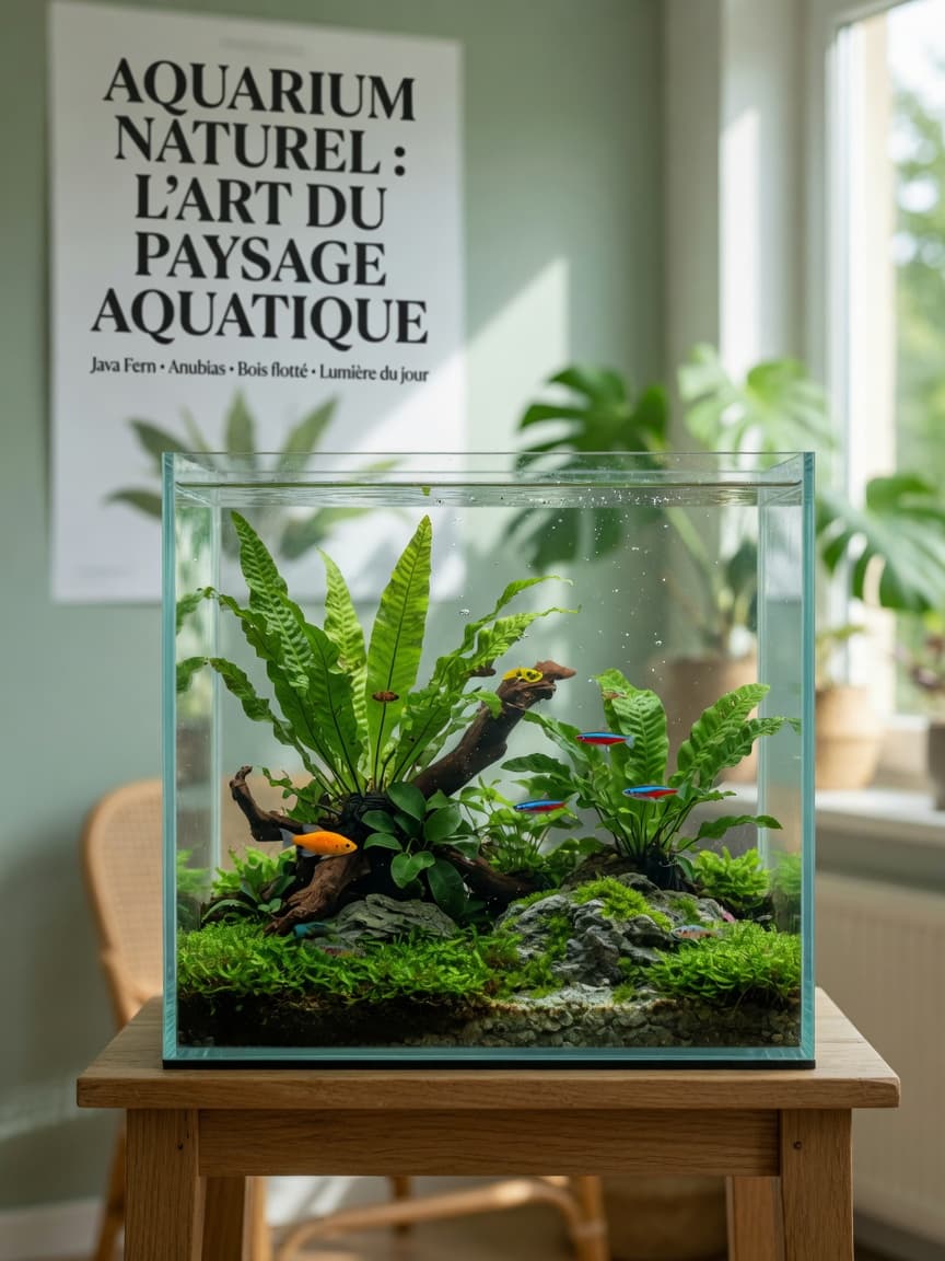A thriving beginner aquarium with lush green live plants and colorful fish swimming among driftwood and rocks