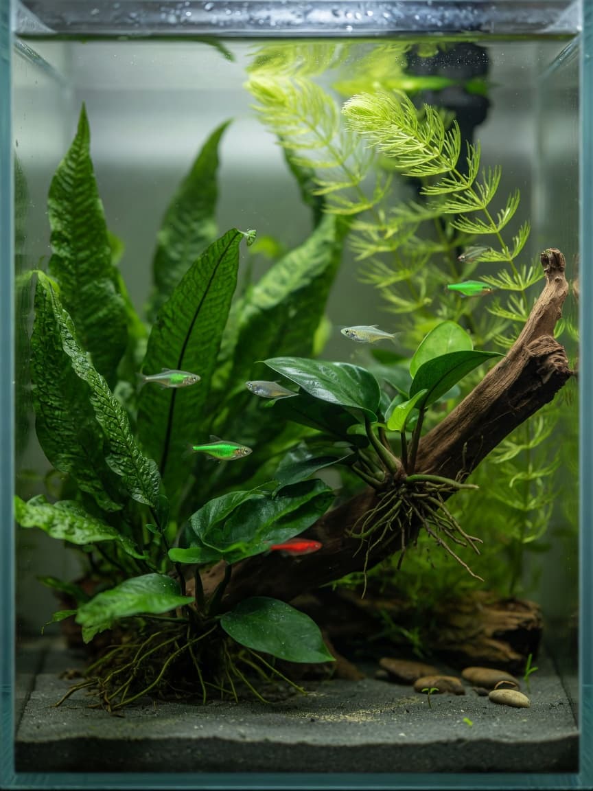 Lush green planted aquarium with Java Fern, Anubias, and Hornwort thriving under soft LED lighting, showing healthy fish swimming among natural plant cover