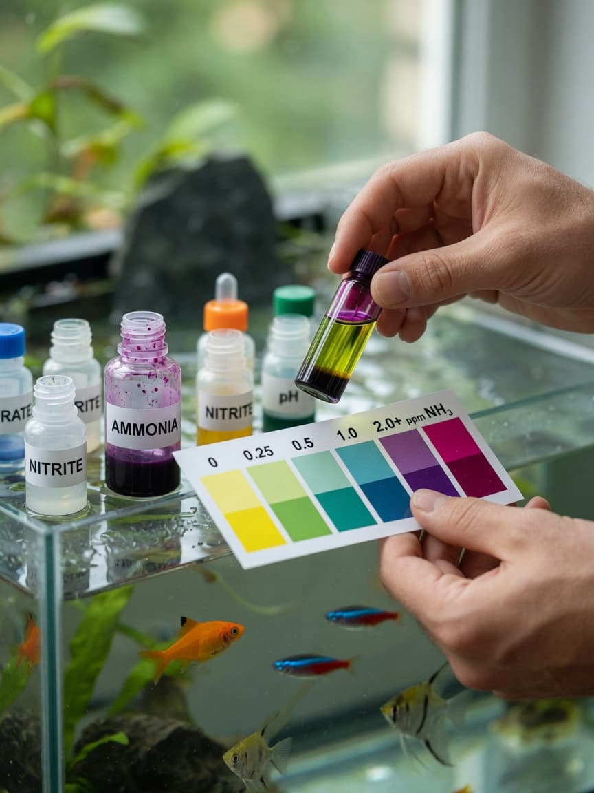 Fishkeeper testing aquarium water with liquid test kit to measure ammonia levels