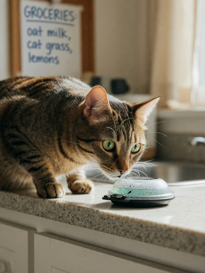 Tabby cat with green eyes sniffing at an ant trap on a kitchen counter in natural window light