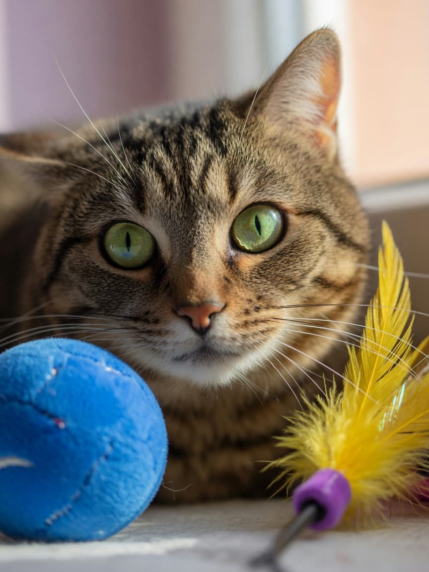 Close-up of a tabby cat's face with blue and yellow toys visible, illustrating the colors cats can see