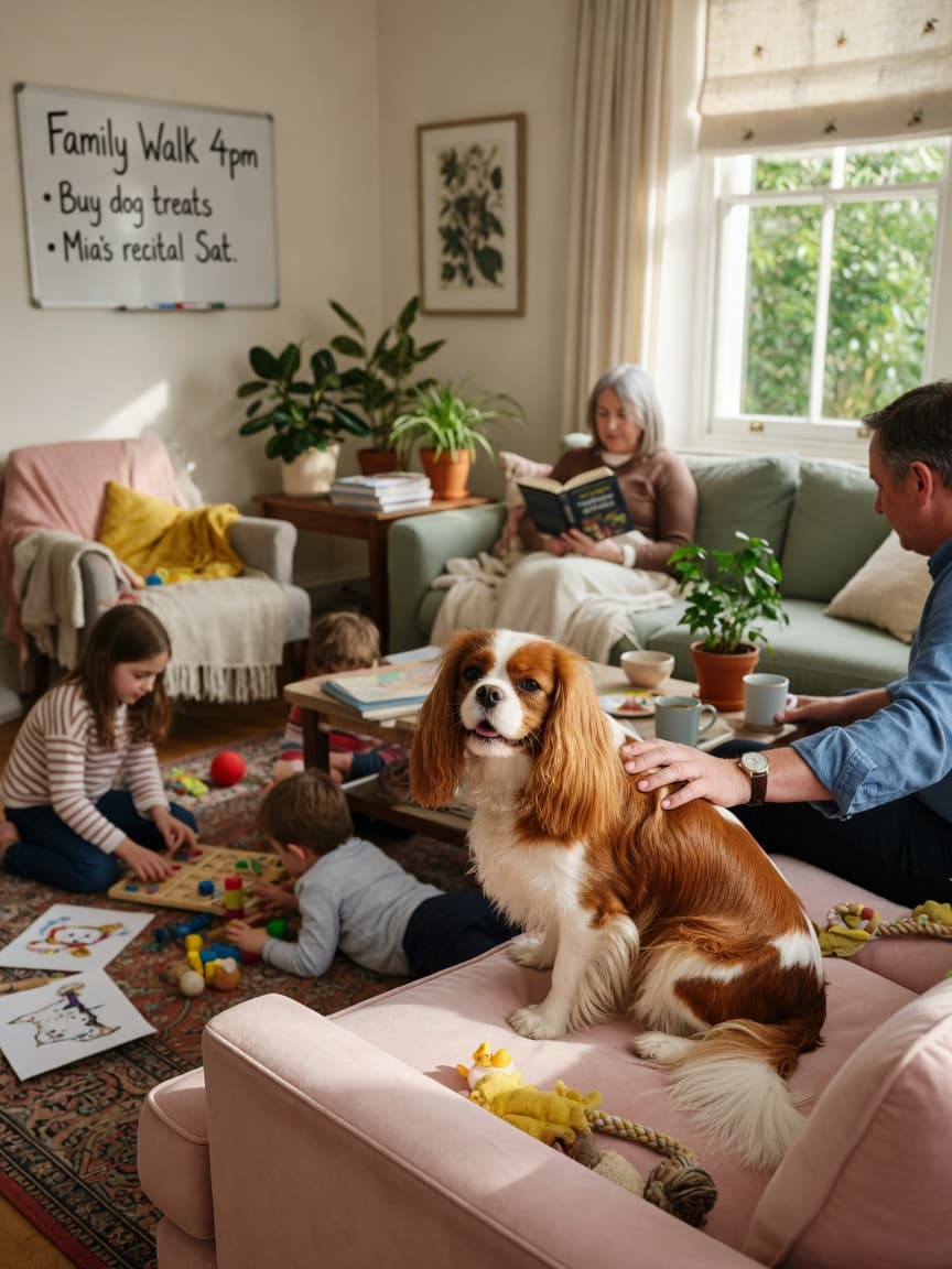 A happy Cavalier King Charles Spaniel with chestnut and white silky coat sits contentedly in a bright family living room, surrounded by smiling family members of different ages interacting gently with the dog.
