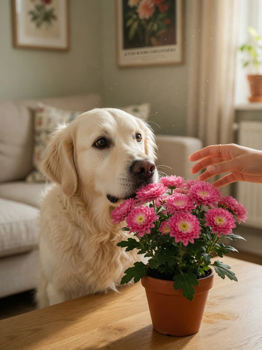 Golden retriever sniffing at a potted chrysanthemum plant on a coffee table while a person's hand moves to prevent contact