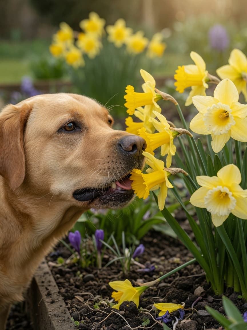 Golden Labrador sniffing toxic yellow and white daffodil flowers in a spring garden bed