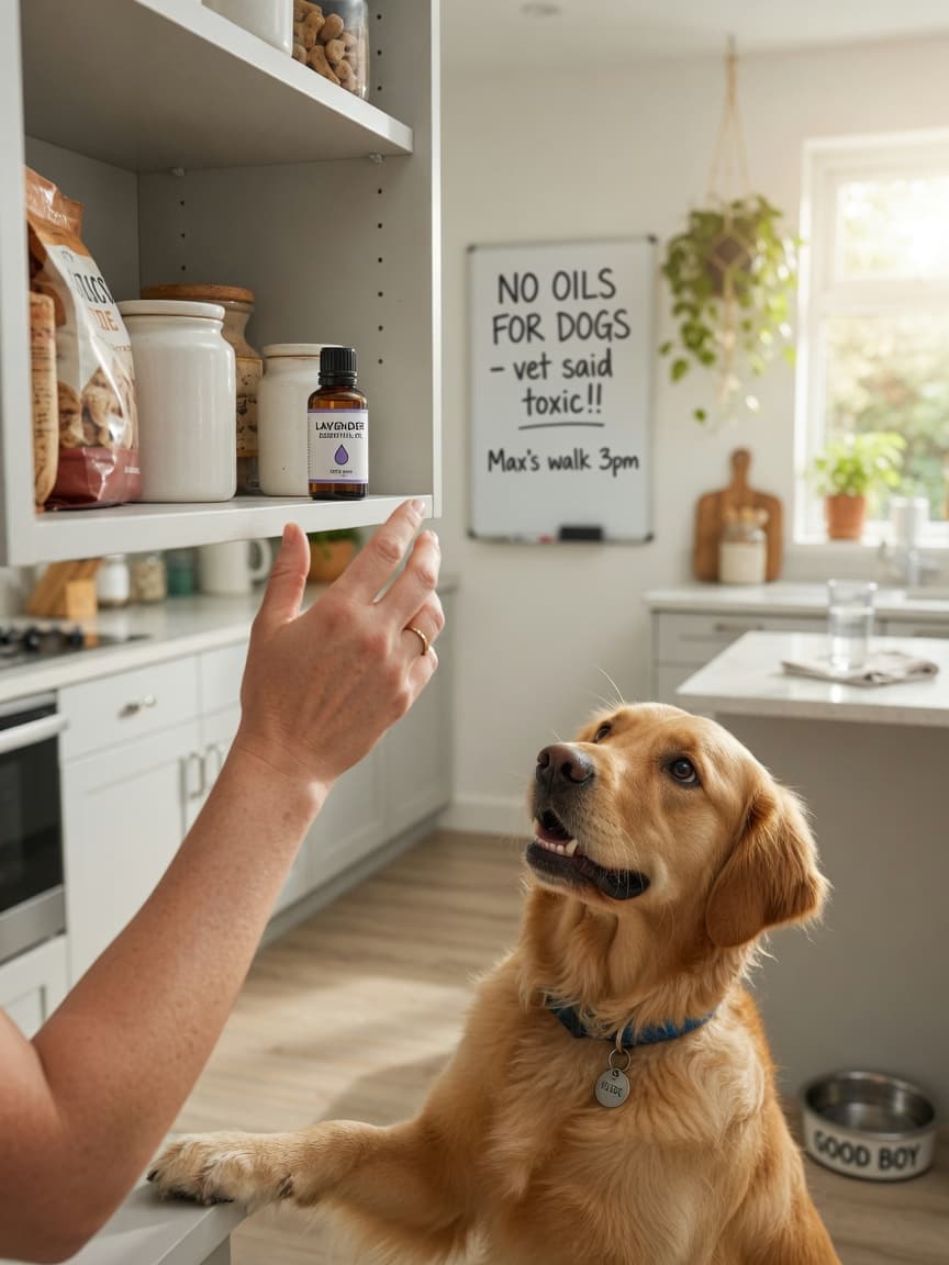 Dog owner securing essential oil bottle on high shelf away from dog below