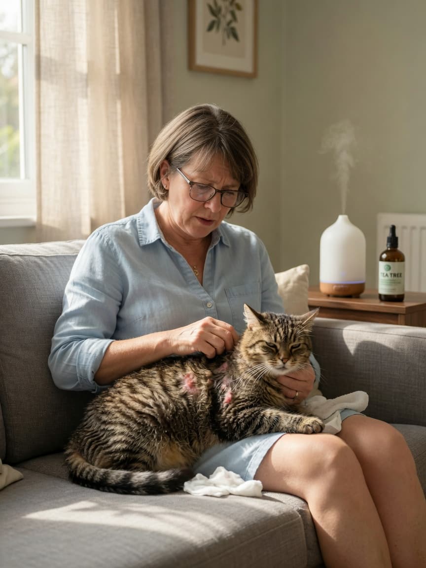 Worried cat owner examining their tabby cat's fur for signs of essential oil exposure in a home living room setting