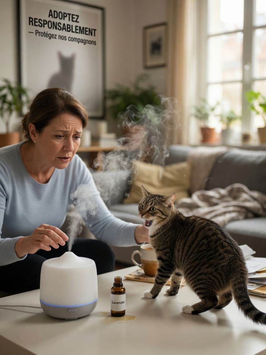 Cat owner pausing diffuser operation as tabby cat shows signs of discomfort in living room with essential oil bottle visible