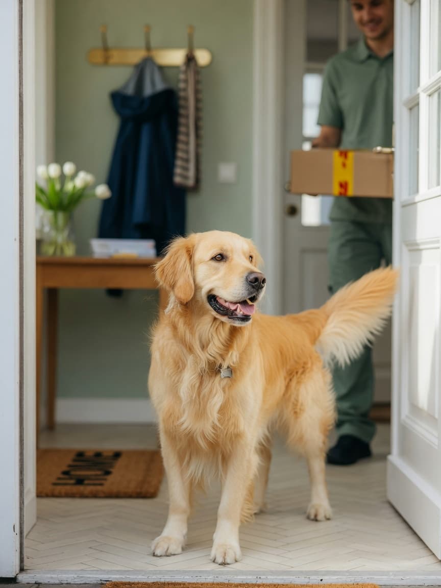 Golden retriever with golden coat and amber eyes greeting a visitor at the front door with a wagging tail, displaying friendly rather than protective behavior