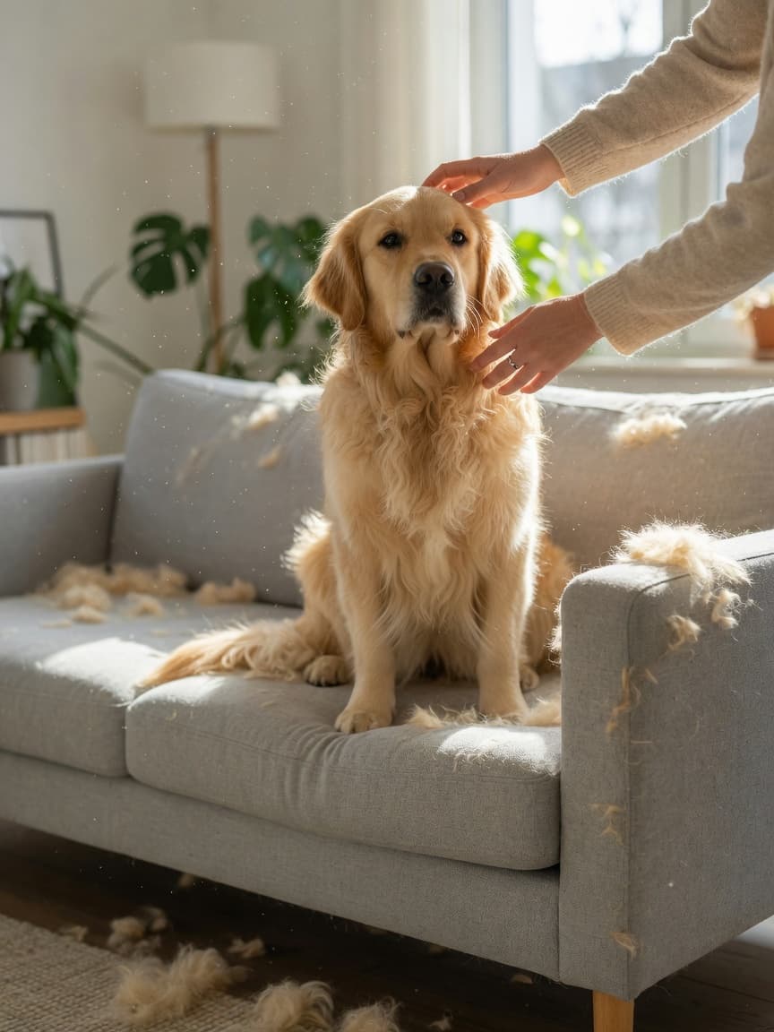 Golden Retriever shedding fur on a sofa with visible dander particles in sunlight