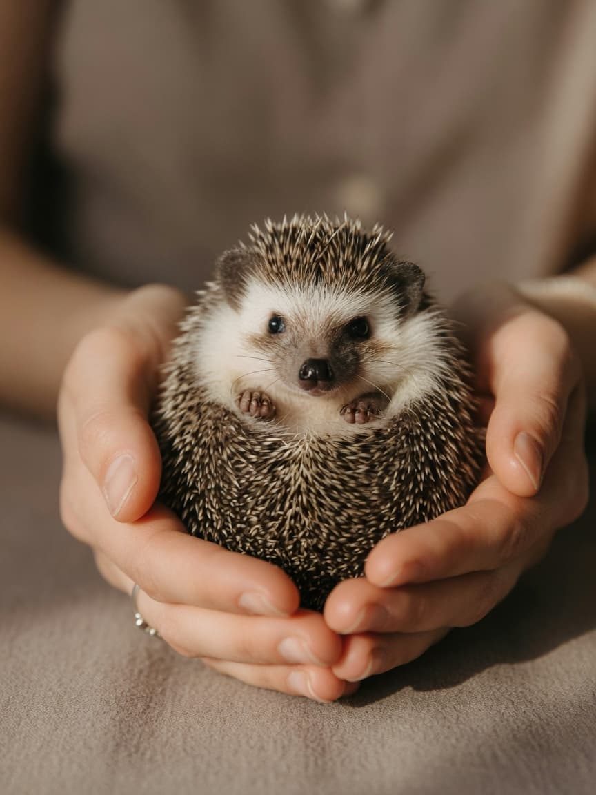 A gentle pair of hands holding a small African pygmy hedgehog with alert, curious expression