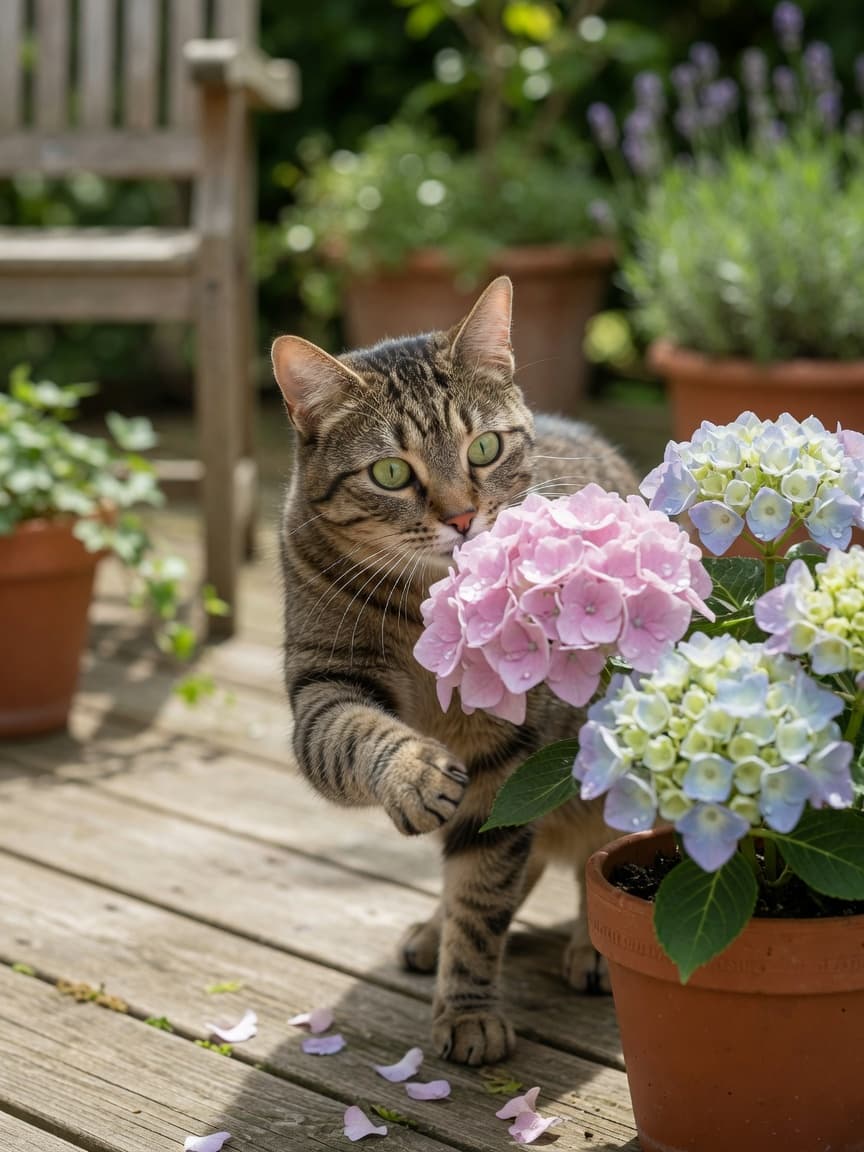 Tabby cat sniffing pink and blue hydrangea flowers in a garden pot
