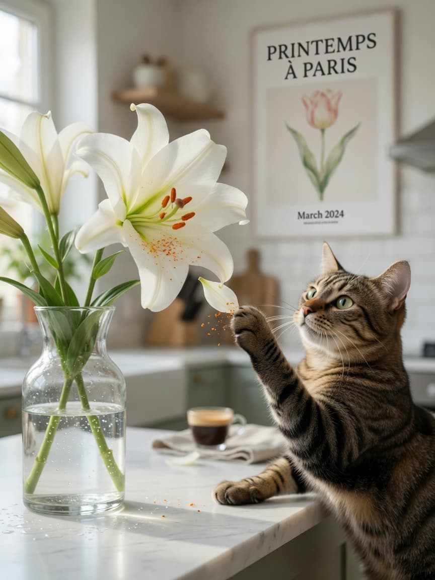 A tabby cat reaching toward a white Easter lily in a glass vase on a kitchen counter, with pollen visible on the flower's stamens.