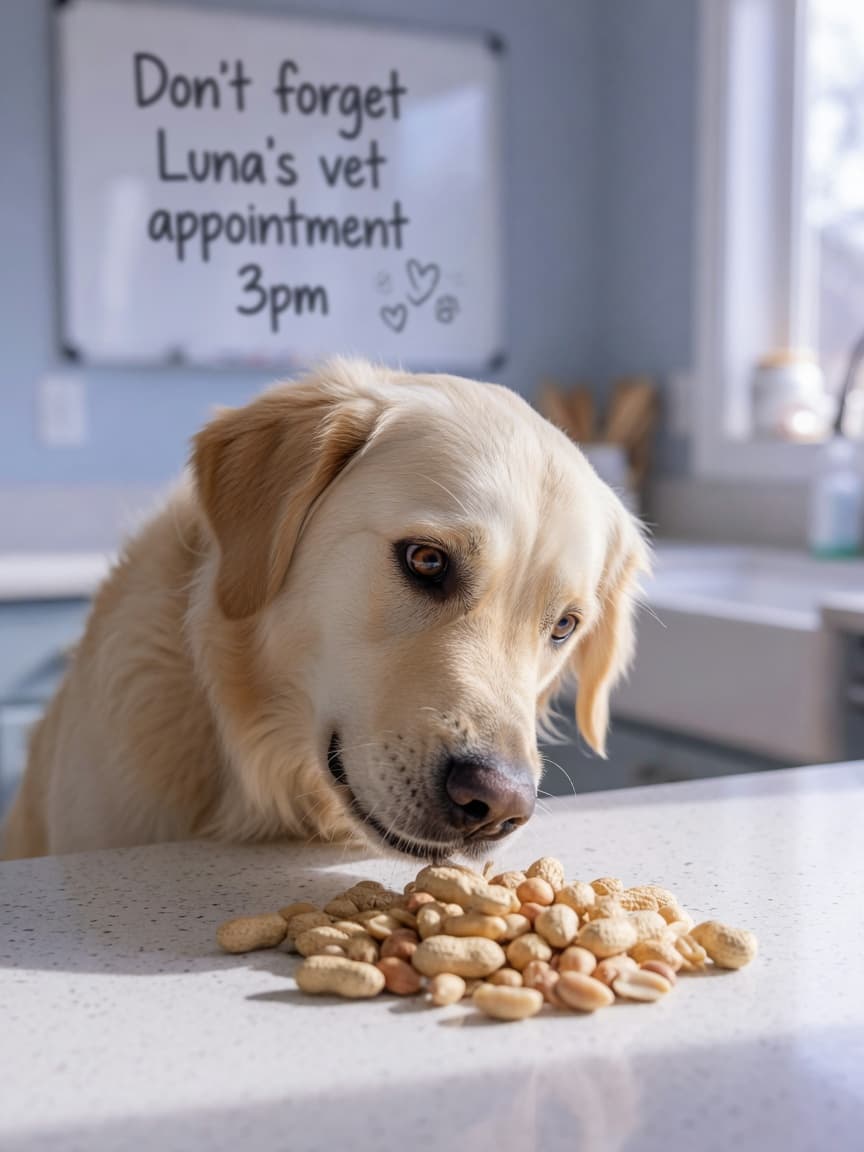 Golden retriever dog sniffing at peanuts on a kitchen counter, inquisitive expression