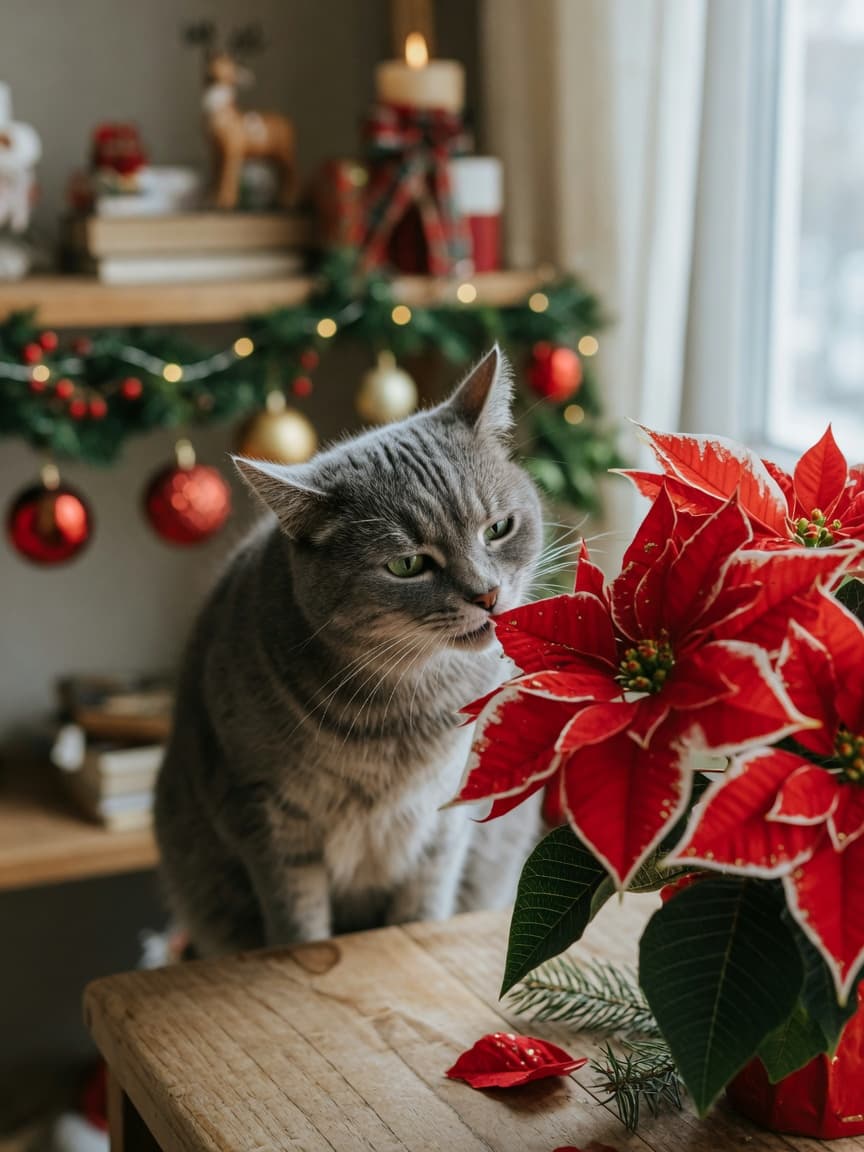 Tabby cat sniffing a red poinsettia plant on a table during holiday season