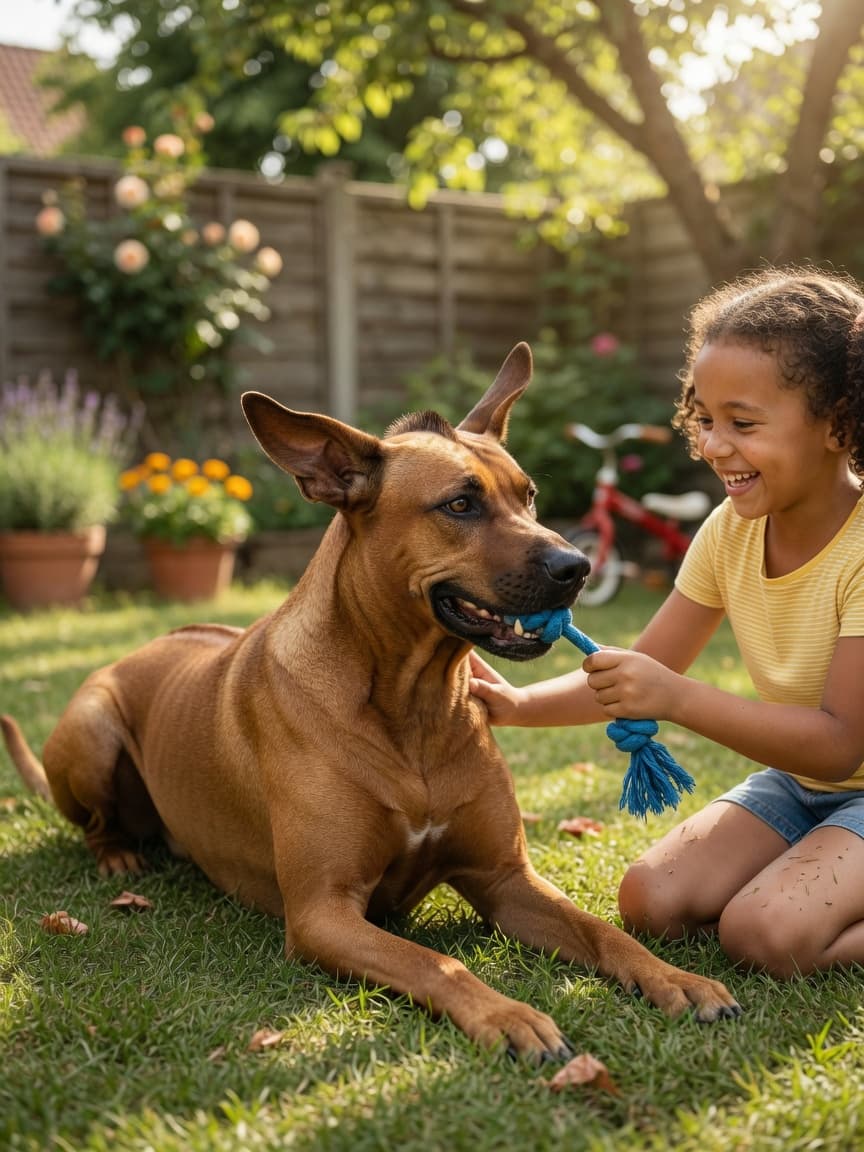 Rhodesian Ridgeback with distinctive ridge playing gently with a child in a sunny backyard, showing the dog's patient temperament with older children