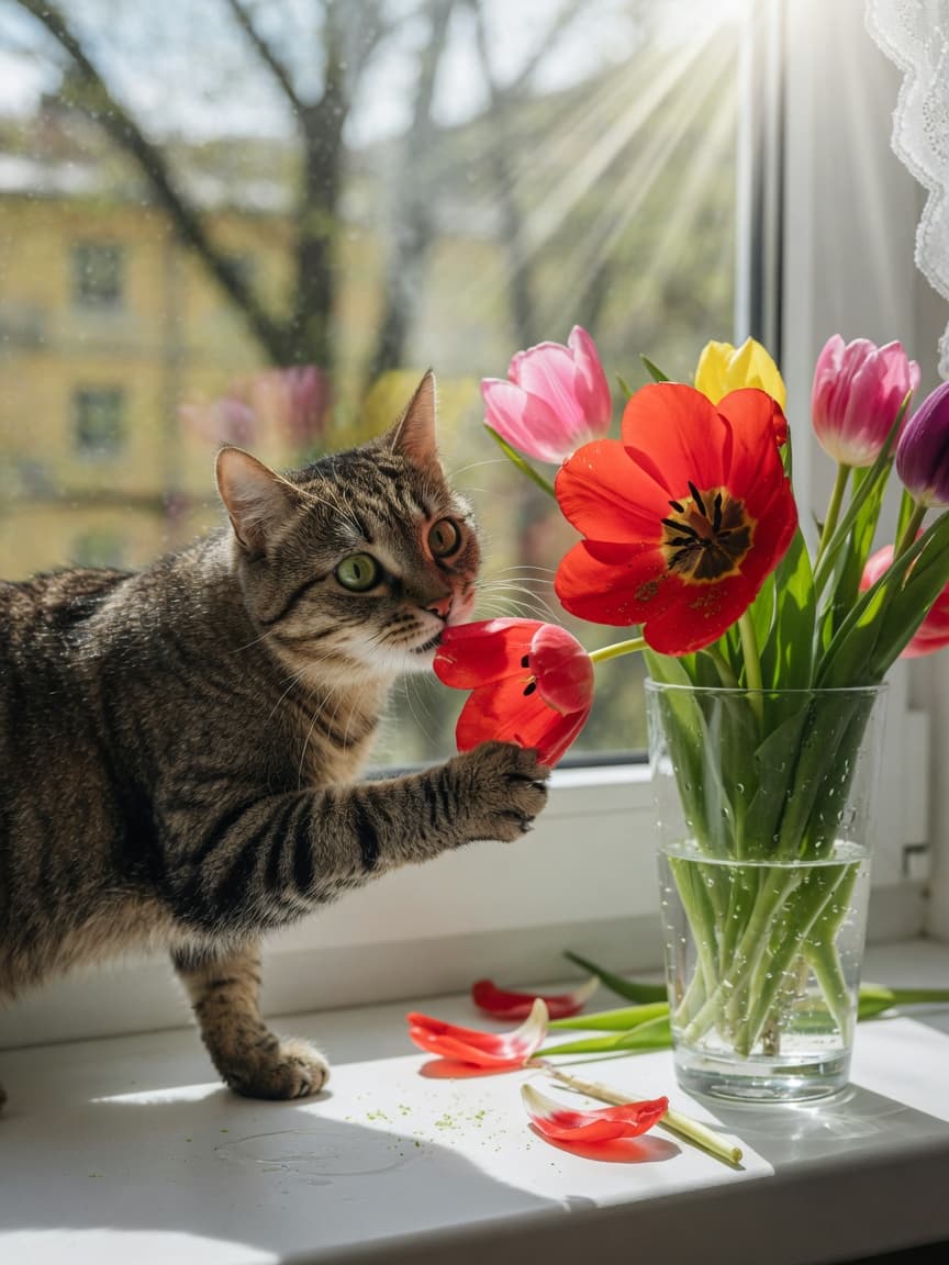 Curious tabby cat reaching toward red tulip flowers in a vase on a windowsill, illustrating tulip toxicity risk to cats