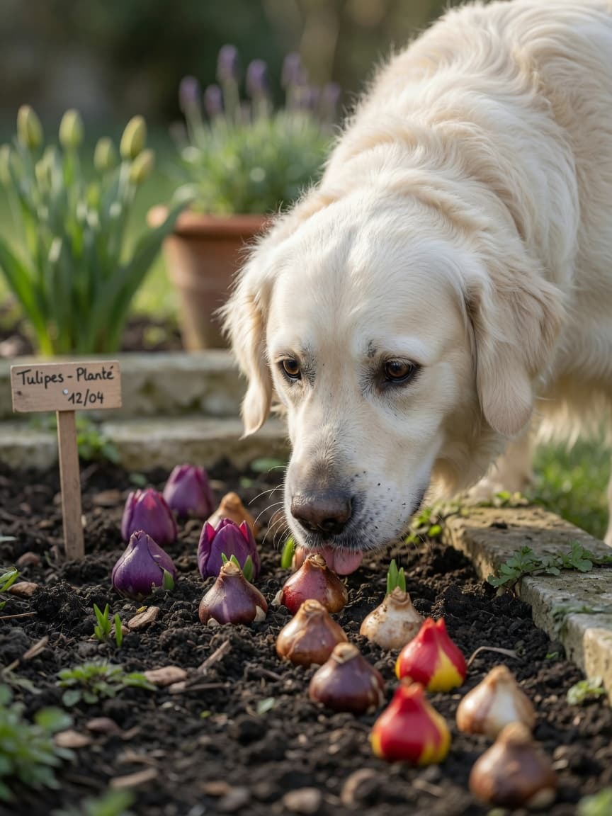 Golden retriever sniffing at freshly planted tulip bulbs in garden soil