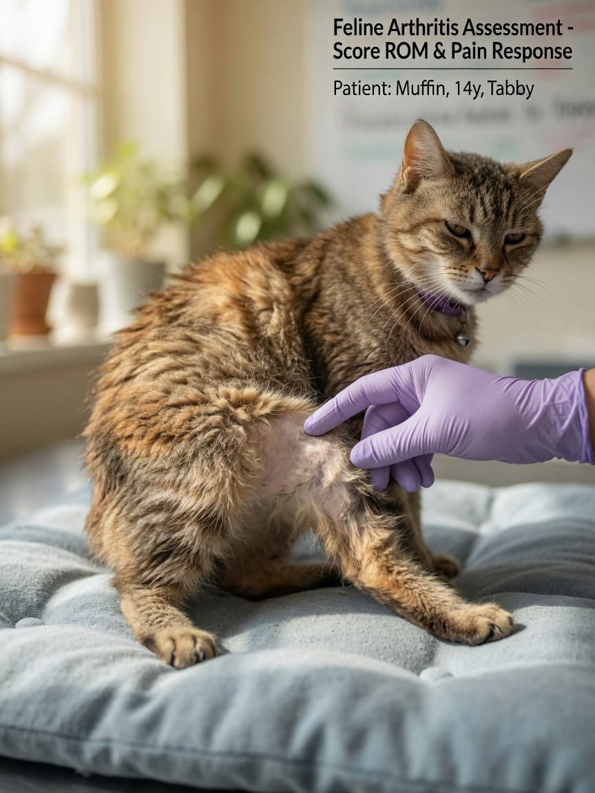 Veterinarian examining an older cat's hip joint for signs of arthritis