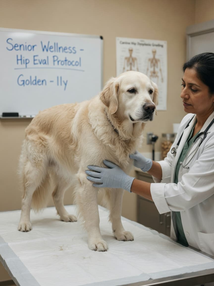 Veterinarian examining a senior Golden Retriever's hip joint during an osteoarthritis assessment
