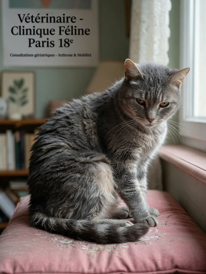 Senior grey tabby cat sitting stiffly on a windowsill with matted coat and muscle wasting, showing signs of arthritis discomfort