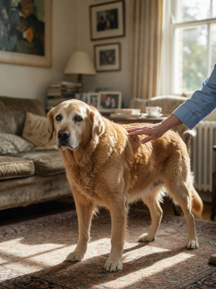 Senior golden retriever struggling to stand, showing signs of joint stiffness and arthritis, with owner's comforting hand nearby in natural sunlight