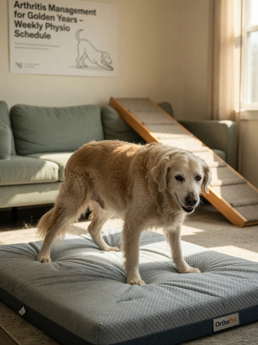 Senior golden retriever with grey muzzle struggling to stand from orthopedic bed, showing signs of arthritis stiffness