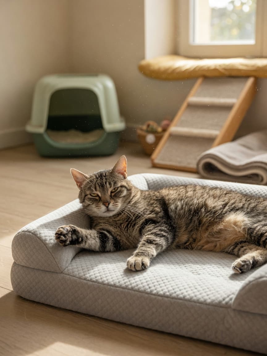 Senior tabby cat resting on orthopedic bed with mobility aids visible in background