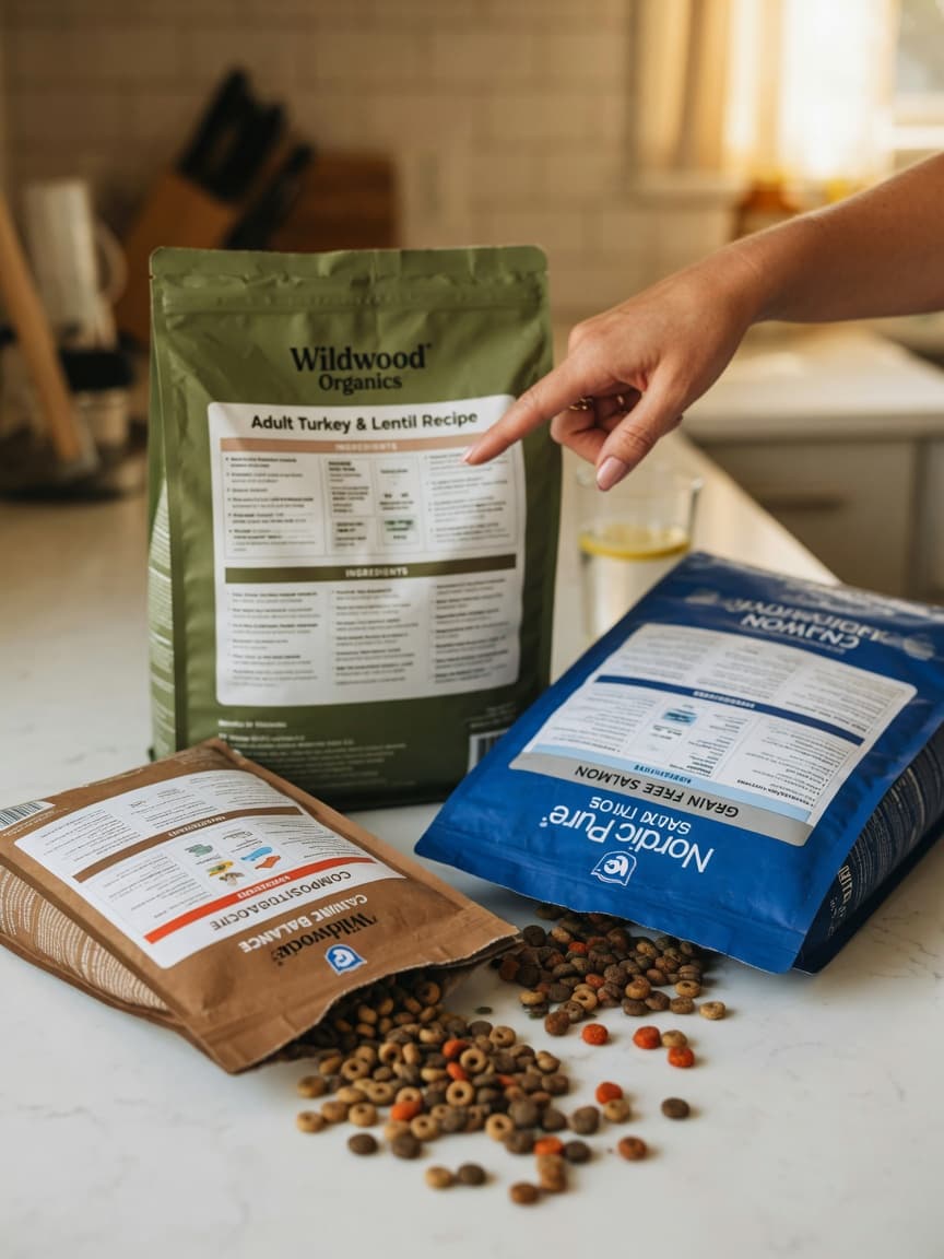 Dog owner examining pet food ingredient labels on multiple bags at kitchen counter with natural window light