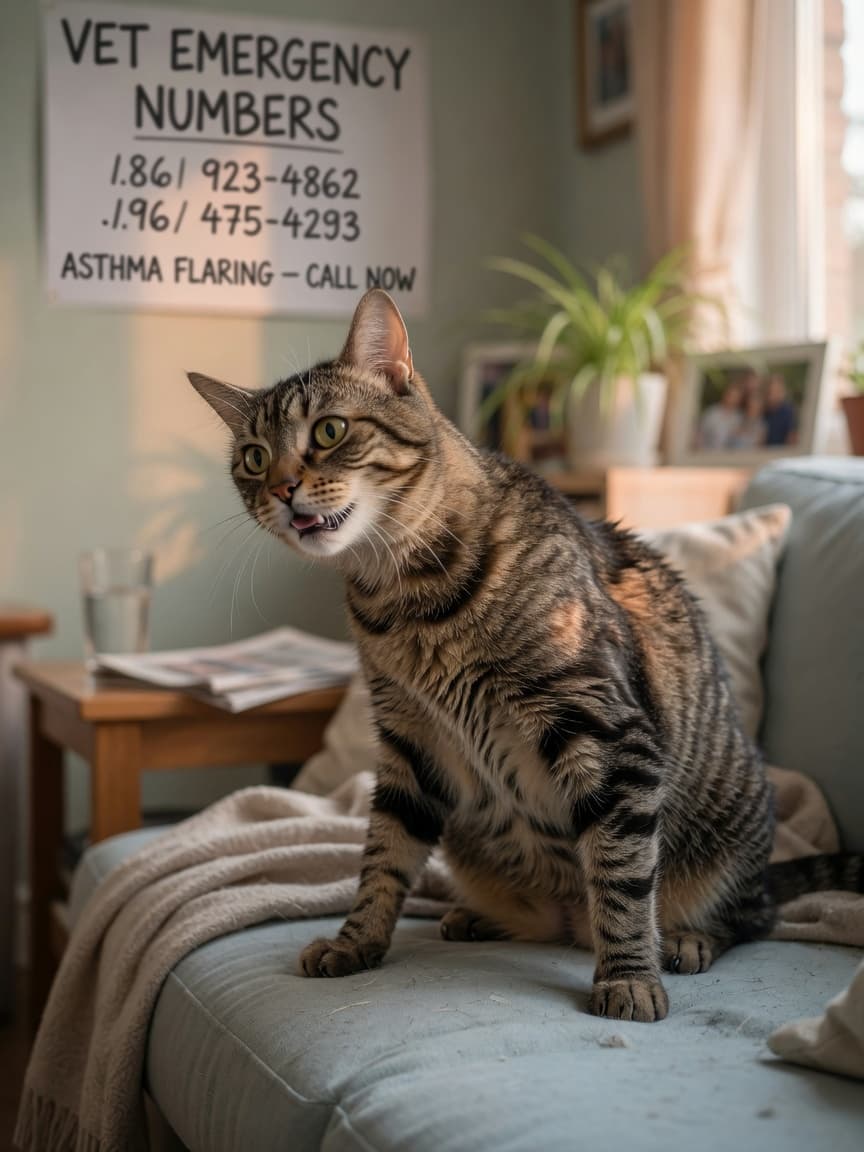 Distressed cat in emergency asthma posture with extended neck and labored breathing