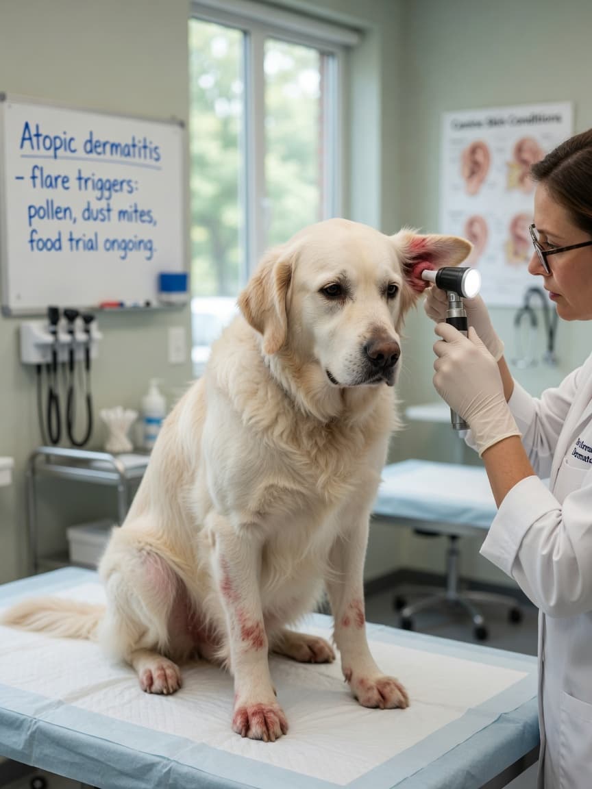 Golden Retriever with rust-stained paws and visible skin irritation being examined by a veterinary dermatologist with an otoscope