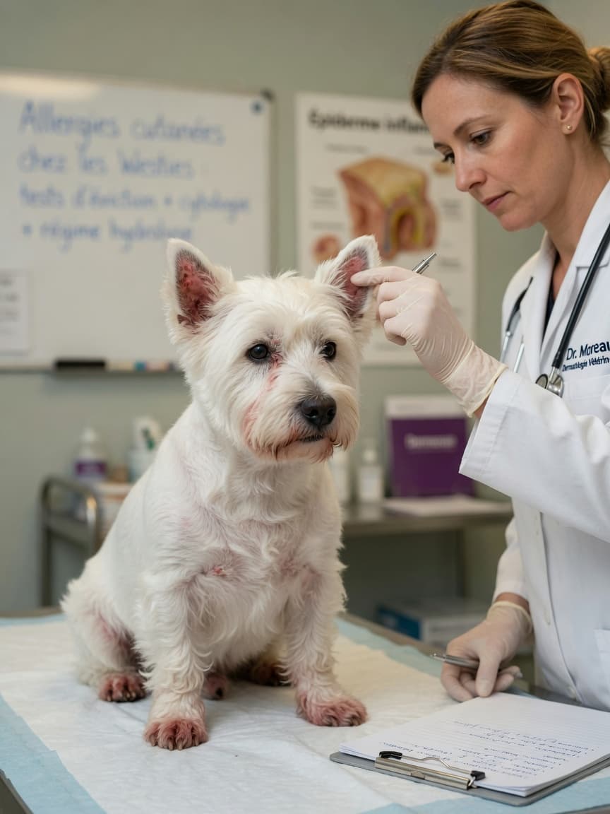 Veterinary dermatologist examining a West Highland White Terrier showing signs of atopic dermatitis during clinical examination