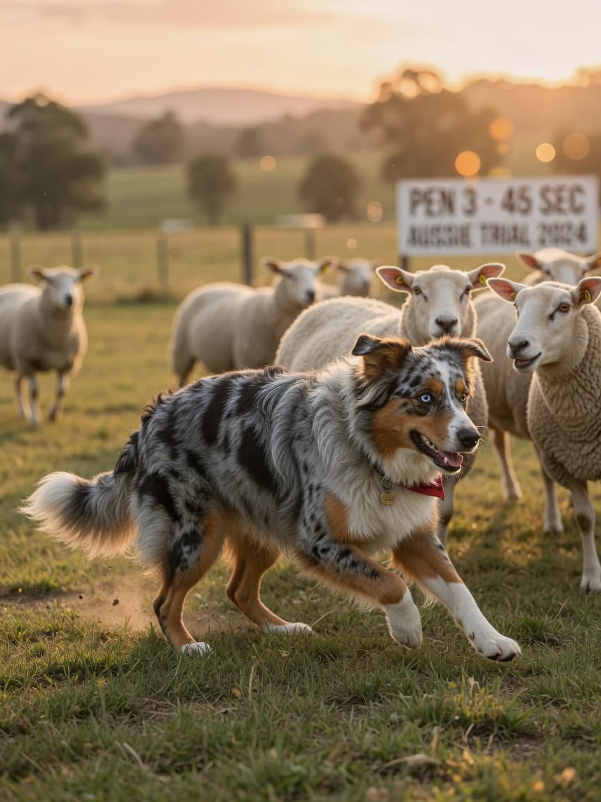 Australian Shepherd herding dog with blue merle coat in action during working trial