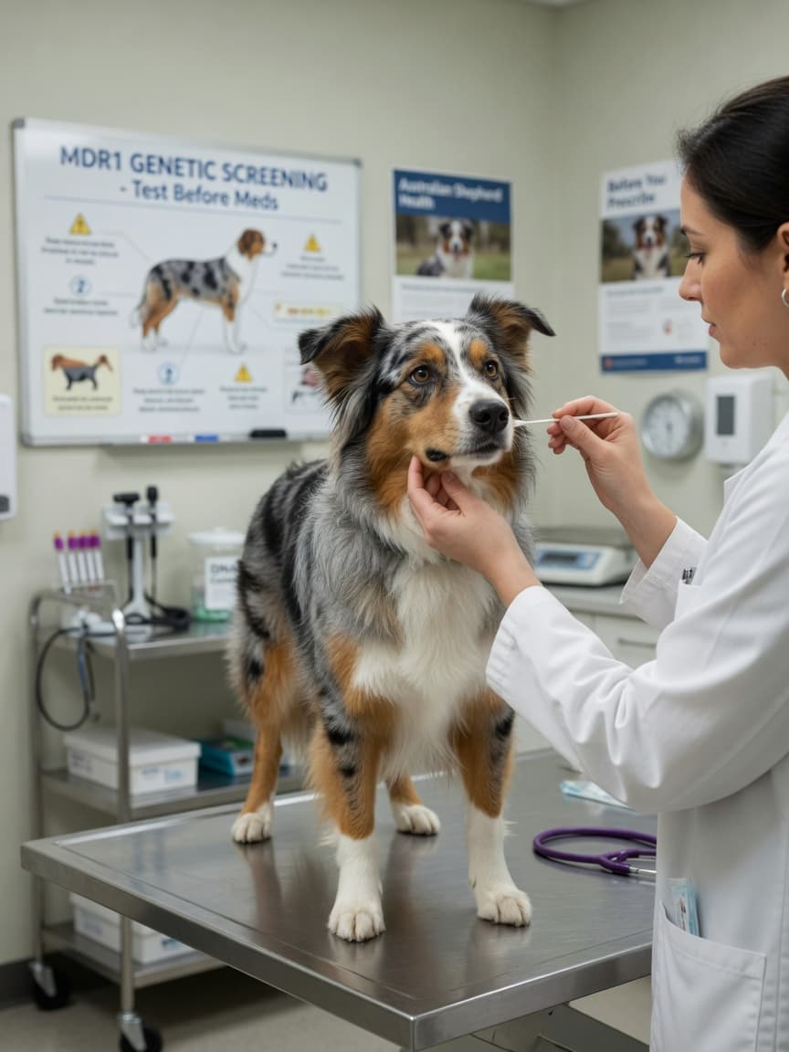 Australian Shepherd receiving DNA cheek swab for MDR1 genetic testing at veterinary clinic