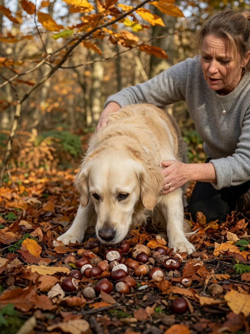 Golden retriever being guided away from toxic conkers and acorns on autumn forest floor by concerned owner
