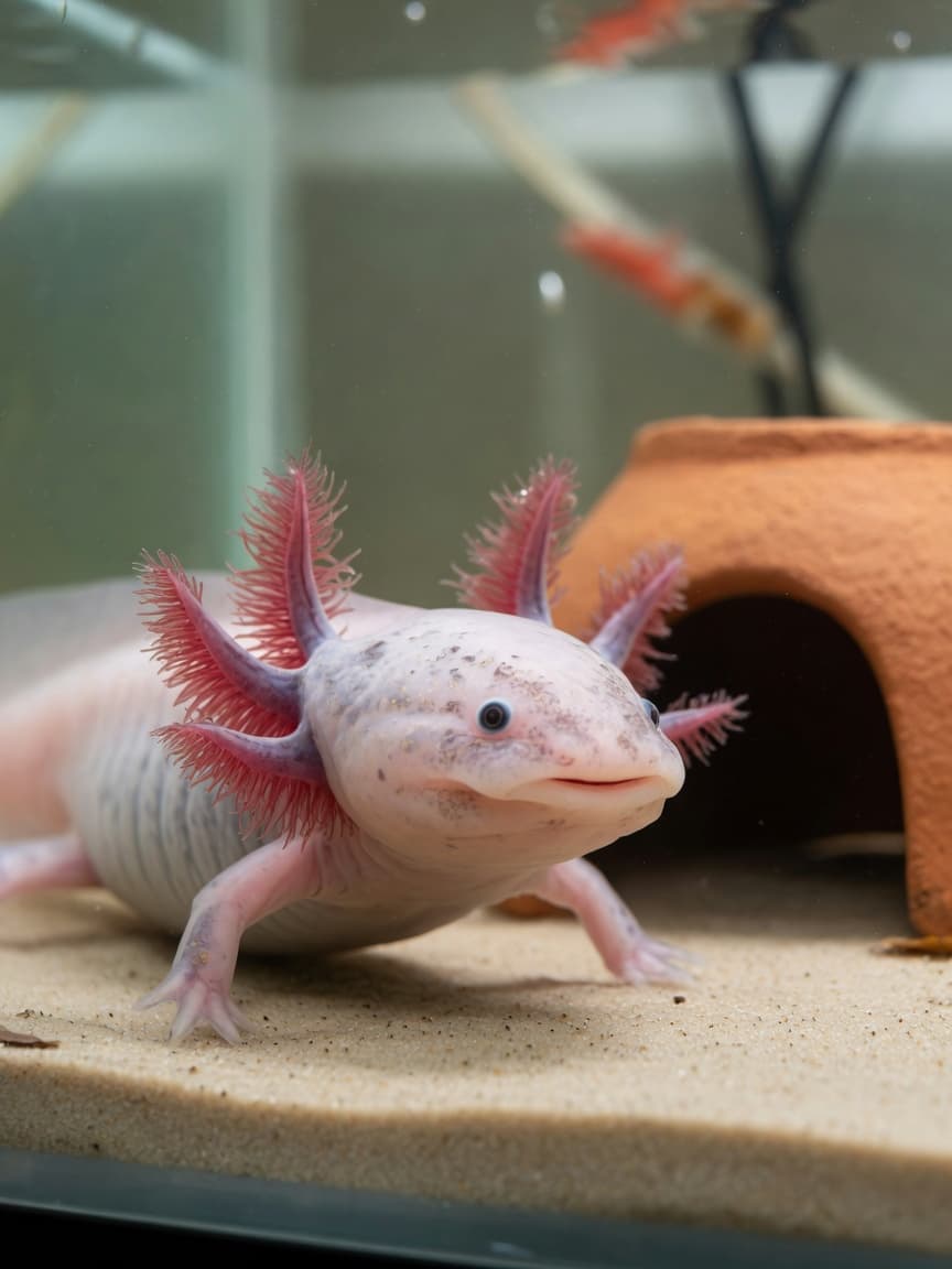 Adult axolotl with feathery gills in a properly equipped aquarium tank setup