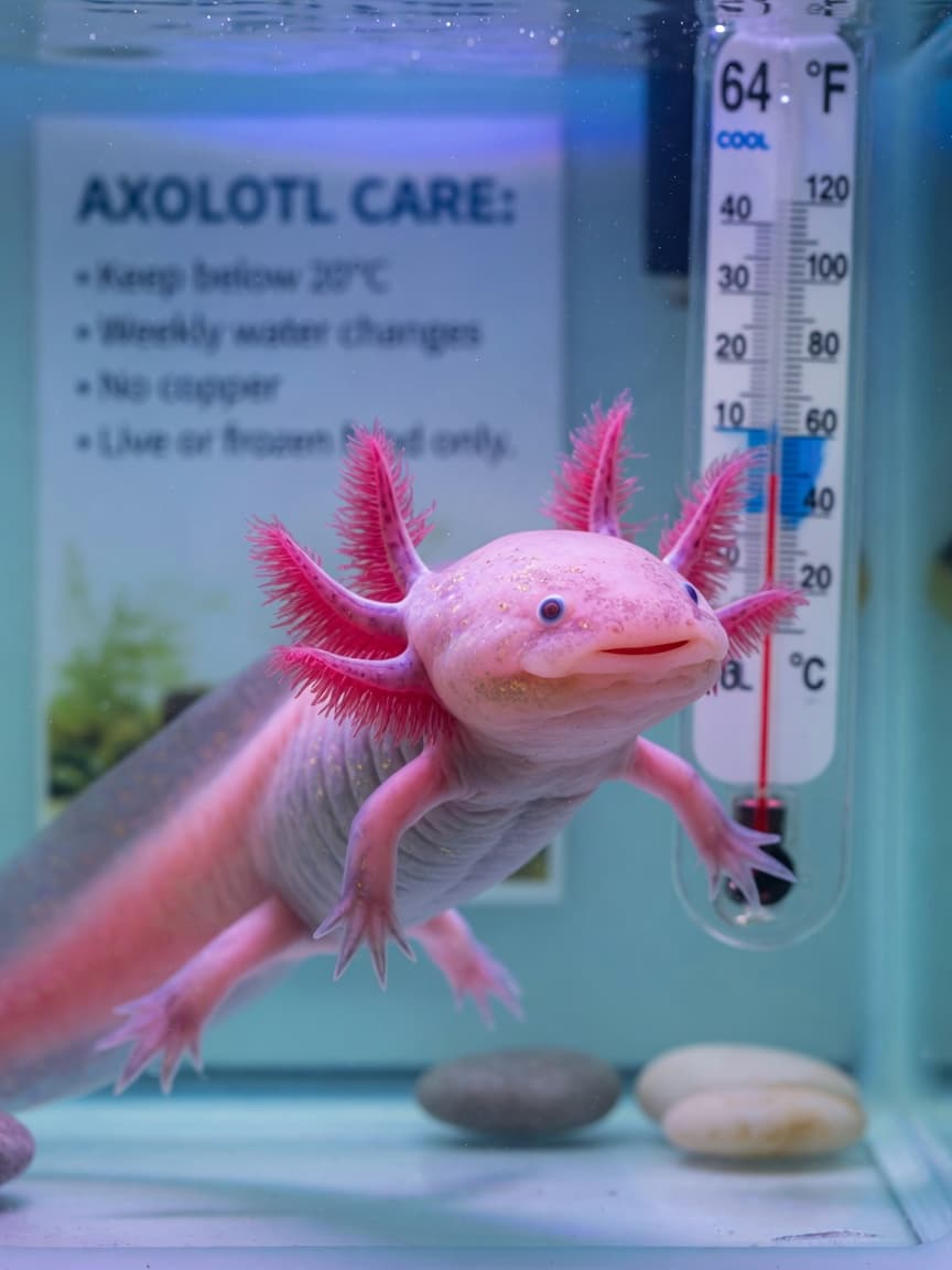 Healthy axolotl with full external gills swimming in cool, clear aquarium water
