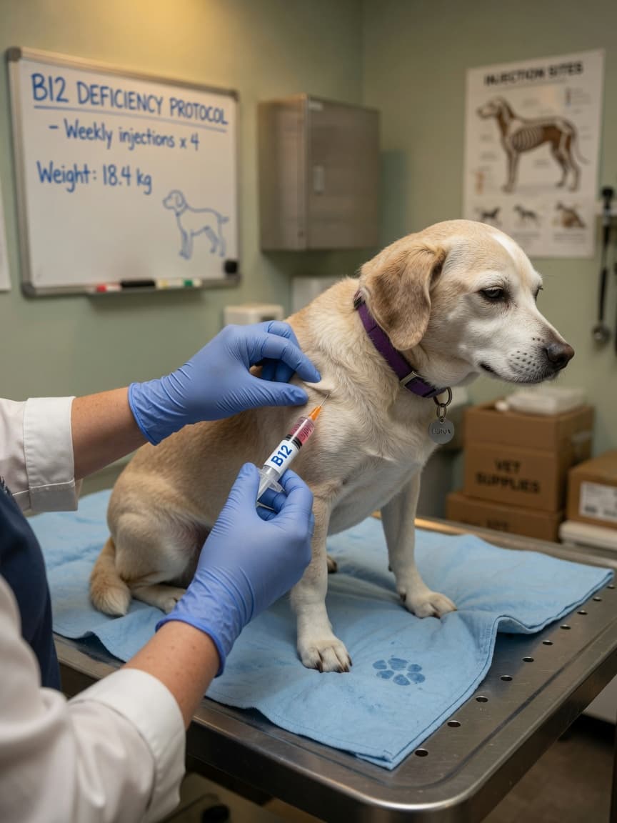 Veterinarian administering a B12 injection to a calm dog on an examination table during a clinical treatment session