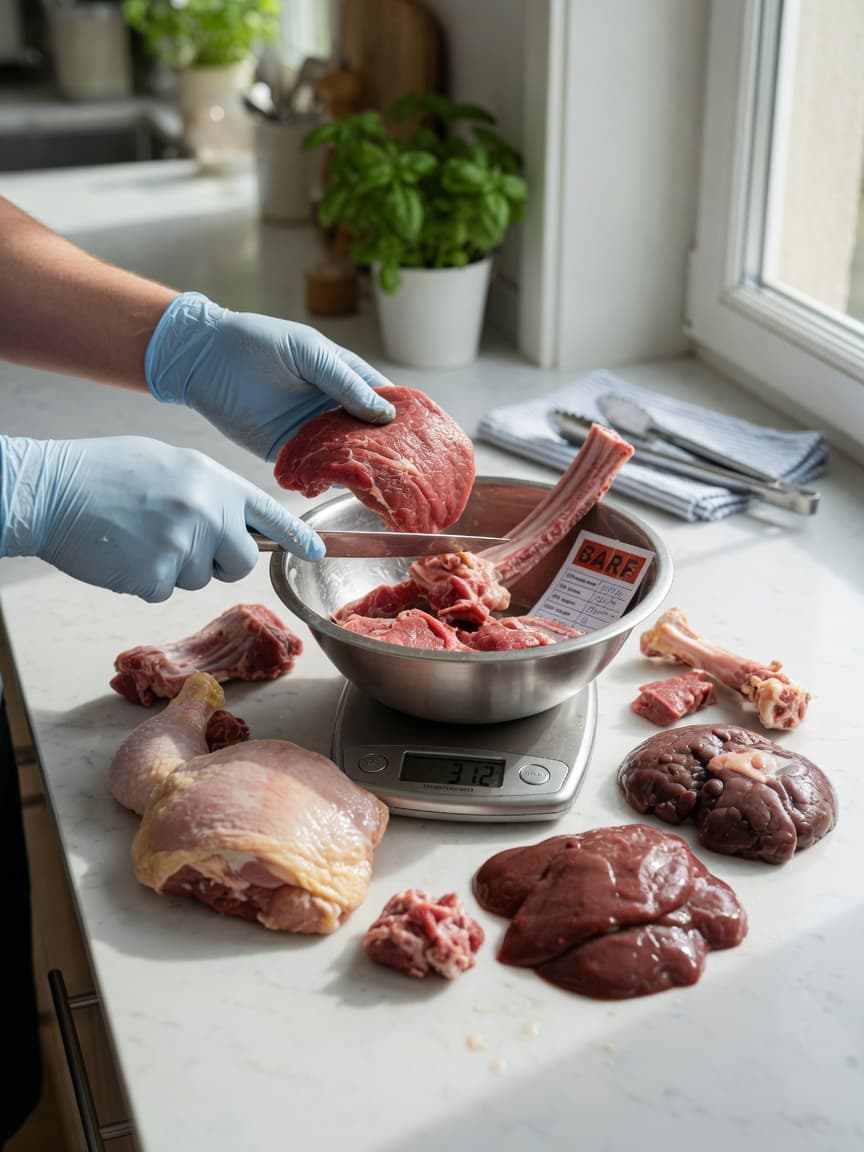 Raw dog food ingredients laid out on a clean kitchen counter showing muscle meat, raw bones, and organ meat in proper BARF diet portions with gloved hands measuring portions