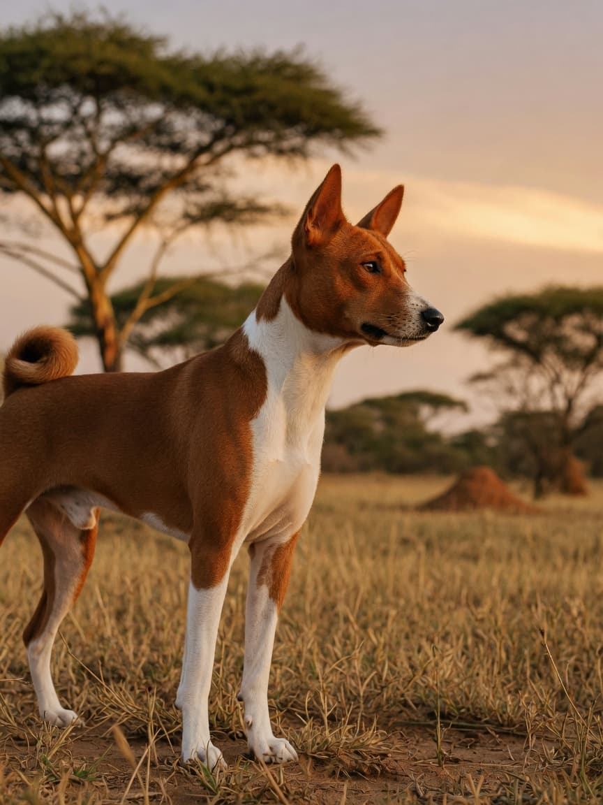 A Basenji with reddish-brown coat and white markings standing alertly in an African savanna setting with acacia trees in the background