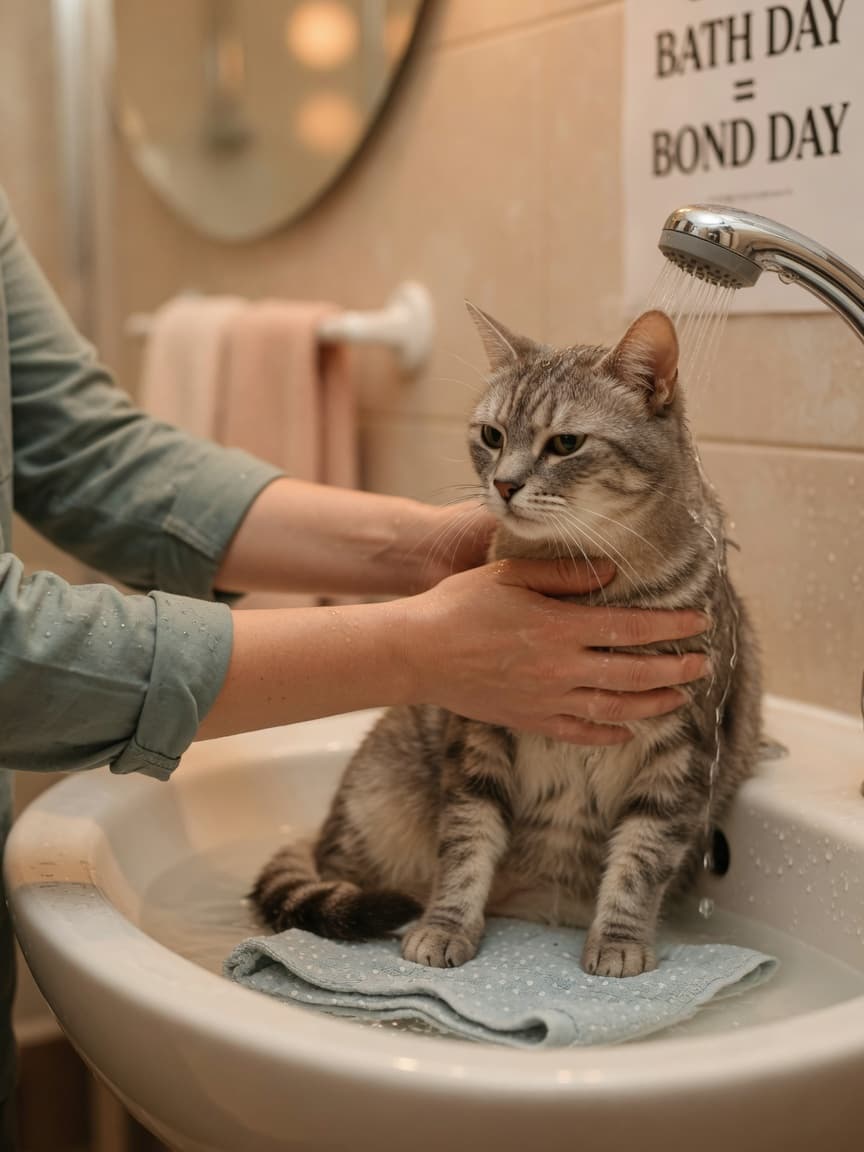 A nervous cat being gently bathed in a warm sink with low-pressure water, supported by a caregiver's hands, demonstrating proper cat bathing technique