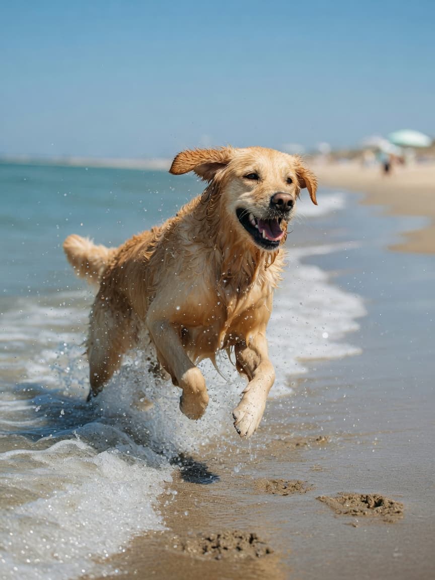 Golden retriever running through ocean waves on a sunny beach with spray around it