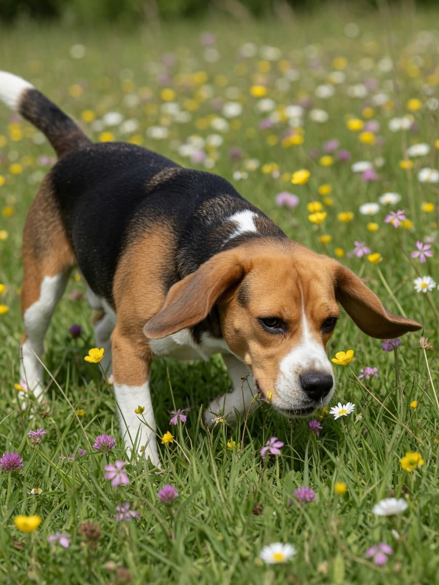 Tricolour Beagle with long ears scent-tracking in a grass field on a sunny day