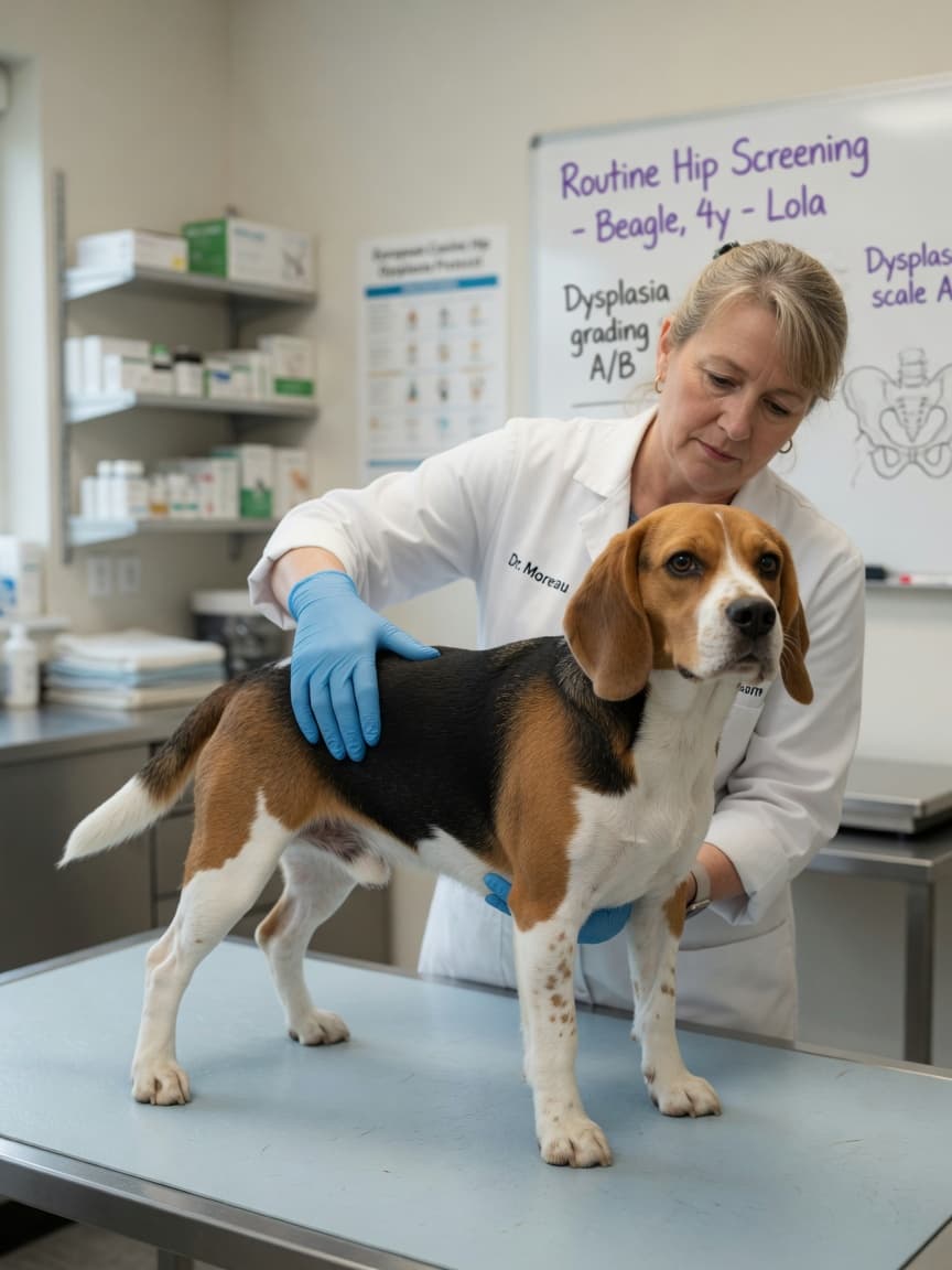 Veterinarian examining a tri-colored Beagle's hips during a health screening examination