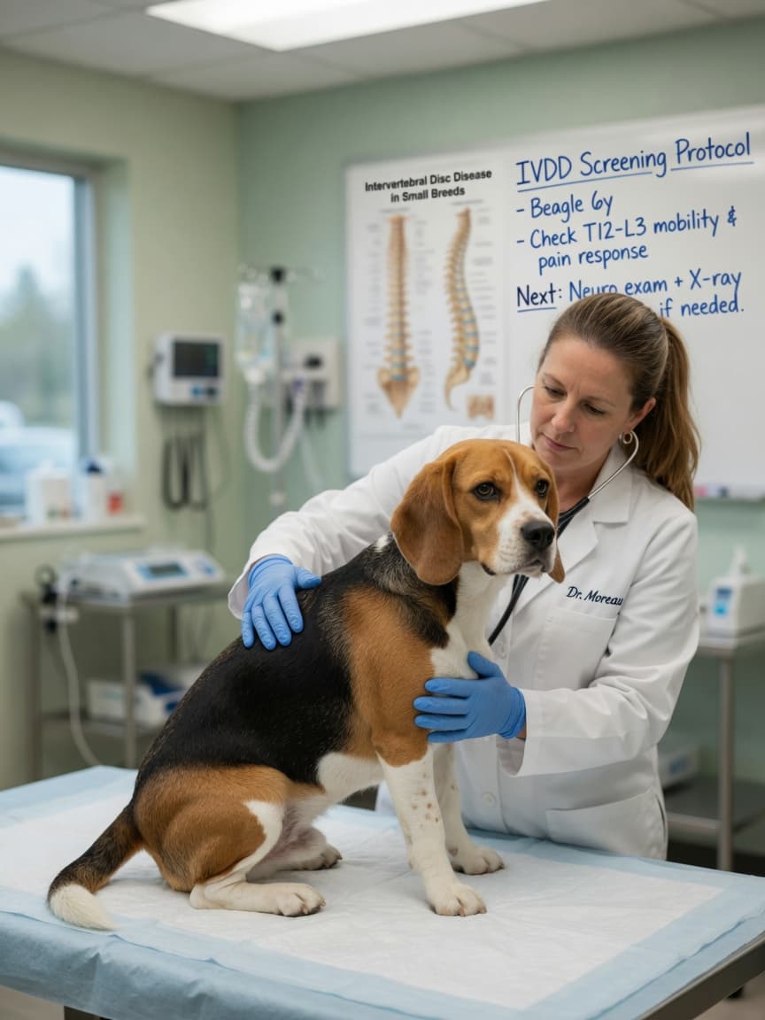Veterinarian examining a Beagle's spine during a health check-up