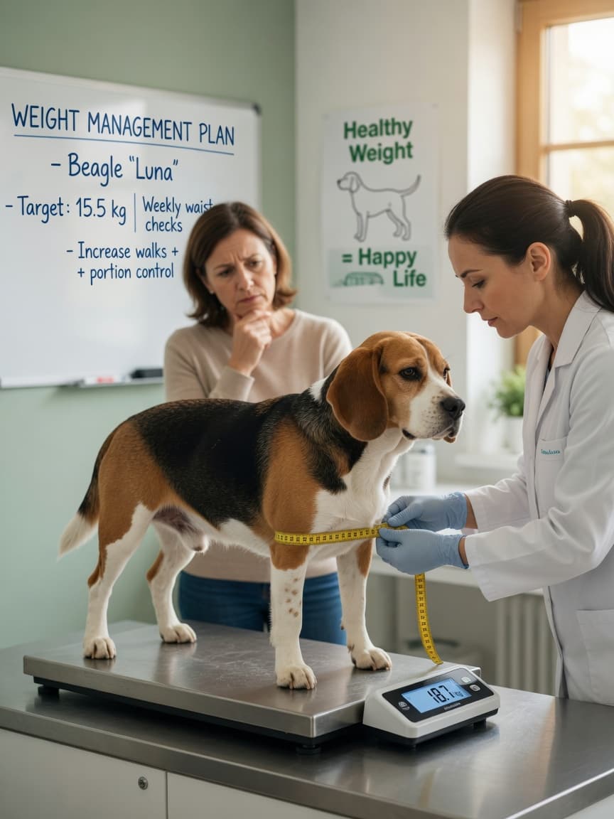 Beagle being weighed and measured by veterinarian to assess obesity and health
