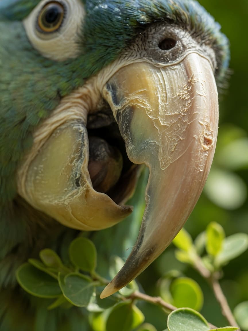 Close-up of a parrot's overgrown curved upper beak showing keratin texture and deformation