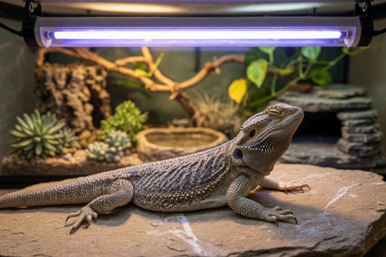 A bearded dragon basking under UVB lighting in a vivarium setup