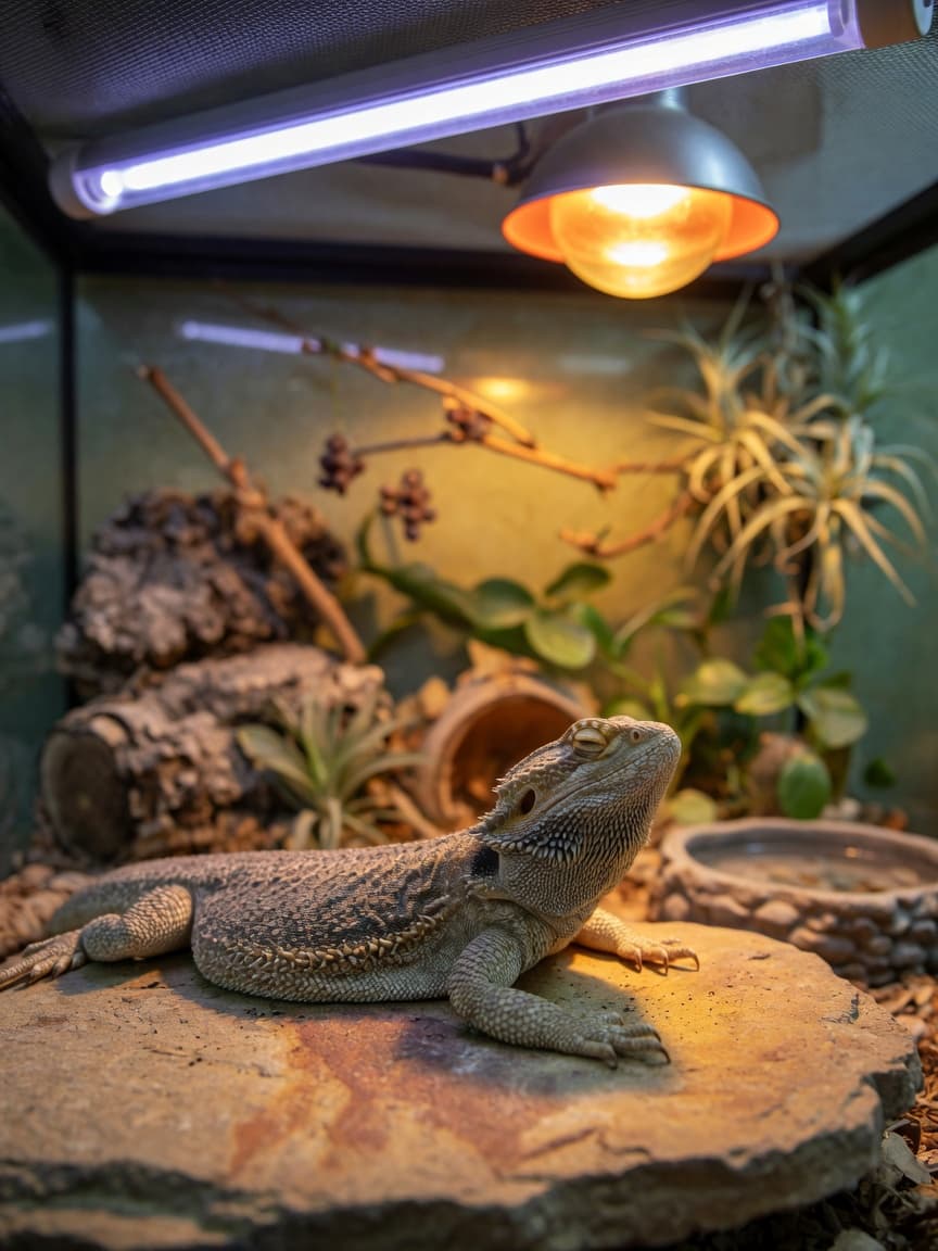 Bearded dragon basking on a warm rock beneath UVB and basking lights in a terrarium